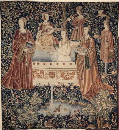 Frau beim Baden umgeben von Dienerinnen, Tapisserie-Serie La Vie Seigneuriale, ca. 1500 von Unbekannt