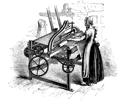 Frau bedient einen Kraftwebstuhl zum Weben von Baumwolle, ca. 1840 von Unbekannt