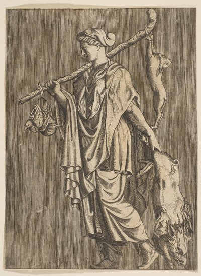 Frau kehrt von der Jagd zurück und trägt einen Eber in ihrer linken Hand und einen Stock in ihrer rechten Hand, ca. 1515-1600 von Unbekannt