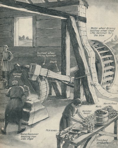 Arbeit in einer Eisenhütte und Schmiede während des Mittelalters, um 1934 von Unbekannt