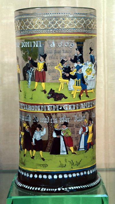 Ein deutscher emaillierter Humpen, datiert 1609, dekoriert mit Feierlichkeiten von Unbekannt Unbekannt