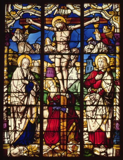 Die Kreuzigung, Glasfenster, wahrscheinlich aus der Abtei Altenberg, bei Köln, vielleicht entworfen vom Maler bekannt als der Meister der Heiligen Sippe, ca. 1500 von Unbekannt Unbekannt