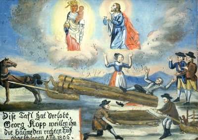 Votivbild von 1806, Verletzung, Holzarbeit, Wallfahrtsmuseum Neukirchen beim Hl. Blut, Cham, Oberpfalz, Bayern von Unbekannt