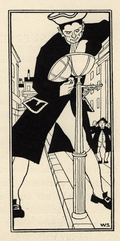 Ein Riese, vom Baron von Münchhausen von der Käseinsel in England gebracht, zündet die Straßenlaternen ohne Leiter an. Illustration von William Strang (1859-1921) und JB Clark aus „Die Abenteuer des Baron von Münchhausen“ von Rudolf Erich Raspe (1736-1794) von Unbekannt