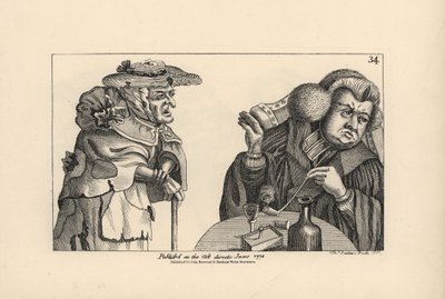 Ein wohlgenährter reicher Pfarrer mit Tabakspfeife und Schnaps ignoriert die Bitten einer armen alten Frau. Kupferstich von Thomas Sanders nach einer satirischen Illustration von Timothy Bobbin (John Collier) aus Human Passions Delineated, John Haywood, Ma von Unbekannter Künstler