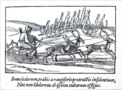 Ein Schlitten, der von Rentieren in Nord-Sibirien gezogen wird von Unbekannt