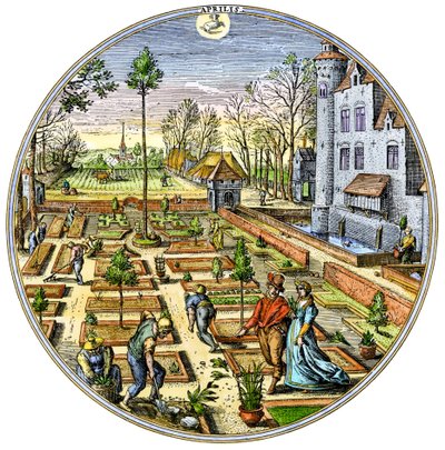 Landwirtschaft: Gartenarbeit in einem europäischen Gemüsegarten zu Beginn des Frühlings um 1590. Farbiger Stich aus dem 16. Jahrhundert von Unbekannter Künstler