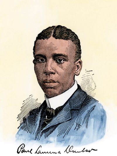 Amerikanischer Dichter Paul Lawrence Dunbar (1872-1906), mit seinem Autogramm. Handkolorierter Holzschnitt einer Illustration aus dem 19. Jahrhundert von Unbekannter Künstler