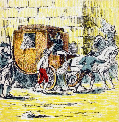 Verhaftung von Ludwig XVI. und seiner fliehenden Familie in Varennes am 21. Juni 1791. Gravur in "Histoire de France". Serie von Werbebildern, veröffentlicht im Auftrag von Louit, 24 rue d