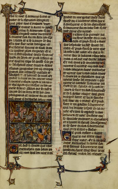 Artuslegende (Suche nach dem Heiligen Gral): Benoic jagt Sachsen und die Schlacht von Danablaise, zwei Illuminationen aus dem Manuskript Geschichte von Merlin, datiert auf das 13. Jahrhundert zwischen 1280-1290 von Unbekannter Künstler