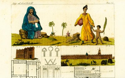 Auguste Rene Caillie 1, der vorgibt, den Koran zu studieren, um die Moschee in Timbuktu, Mali, zu skizzieren, 3, mit Frau in Baumwollrobe und nacktem Kind mit Palmwedel 2 von Unbekannt