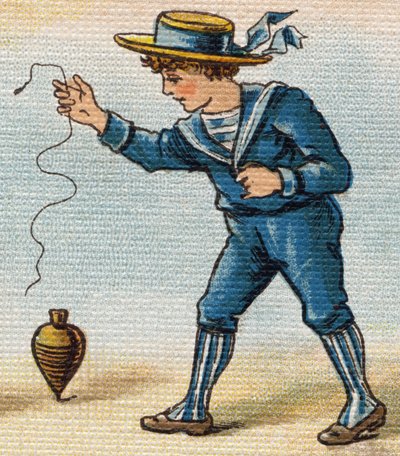 Junge spielt den Kreisel. Gravur in "Alphabet de ma petite fille". Bernardin-Bechet und Fils, Buchhändler-Verleger, Paris, um 1895. Unzerbrechliches Album auf Leinwand. Bibliotheque des Bebes. von Unbekannt