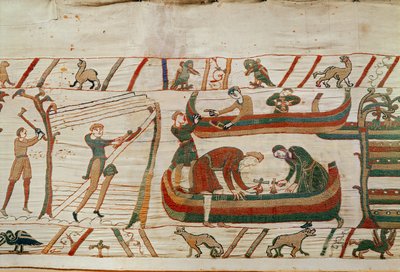 Schiffbau unter den Befehlen von Herzog Wilhelm, Bayeux-Tapisserie von Unbekannt