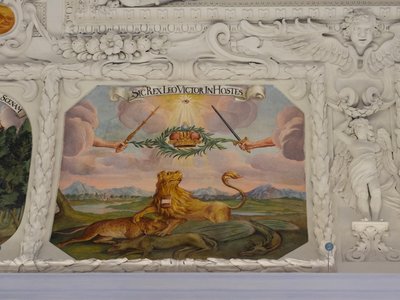 Deckenfresko im Seitenschiff der St. Katharinenkirche, allegorische Darstellungen der Siege von Kaiser Leopold I. über die Osmanen, Mausoleum der Habsburger, Graz, Steiermark, Österreich, Europa von Unbekannter Künstler