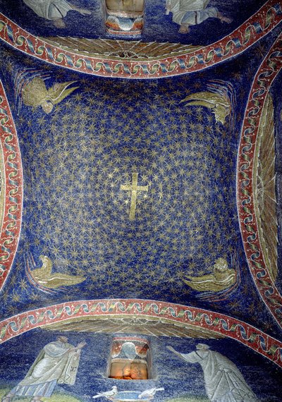 Zentrales Gewölbe, das ein goldenes Kreuz in einem sternenübersäten Himmel mit den Attributen der Apostel darstellt, 5. Jahrhundert von Unbekannt