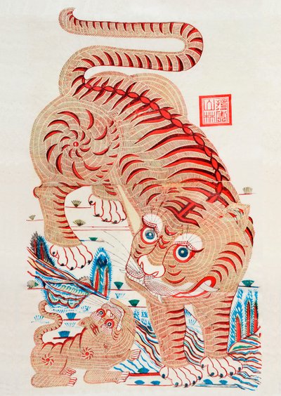 Chinesischer Holzschnitt eines Tigers (Farbholzschnitt) von Unbekannt