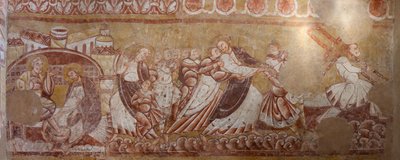 Kirche (Église Saint-Martin). Innenraum. Wandmalereien (Fresko). Nordwand des Chors. Detail. Verhaftung Christi, Fußwaschung. 12. Jahrhundert von Unbekannt