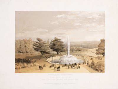 Kristallpalast, nach der Großen Ausstellung Der Brunnen und Park von den Terrassenstufen des Kristallpalastes, ca. 1855 von Unbekannt