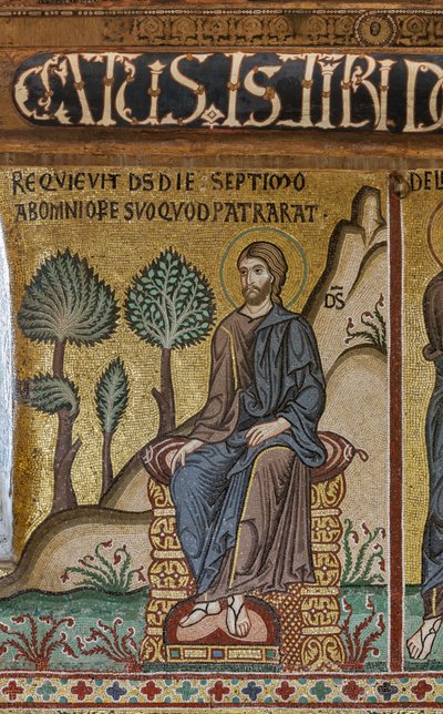 Zyklus von Mosaiken über das Alte Testament, Zyklus der Schöpfung: "Die Ruhe des Schöpfers am siebten Tag", XII. Jahrhundert, Die Palatinkapelle, Der Königspalast oder Palazzo dei Normanni, Palermo, Sizilien, Italien von Unbekannter Künstler