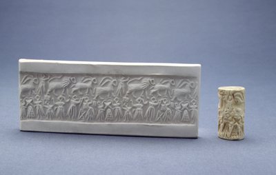 Zylindersiegel, gezeigt mit Gipsabdruck, Mesopotamisch, Sumerisch (Frühdynastisch III), ca. 2500 v. Chr. von Unbekannt