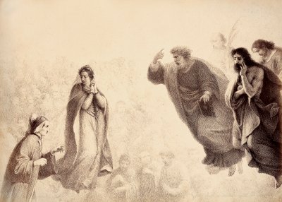 Dante und Beatrice vor den leuchtenden Geistern der Apostel Petrus, Jakobus und Johannes. Petrus hat seinen Arm in einem Zeichen des Zorns erhoben. Illustration von Canto XXVII in Paradiso der Göttlichen Komödie von Dante Alighieri. Werk von Francesco Scar von Unbekannter Künstler
