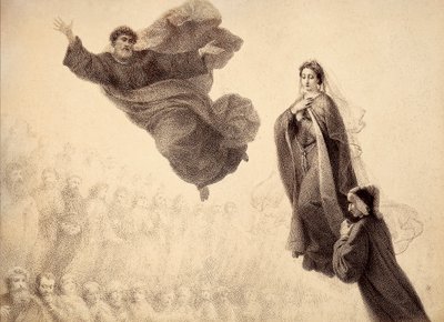 Dante und Beatrice treffen St. Peter. Illustration von Canto XXIV in Paradiso der Göttlichen Komödie von Dante Alighieri. Werk von Francesco Scaramuzza, gewidmet der Gemeinde Florenz. von Unbekannter Künstler