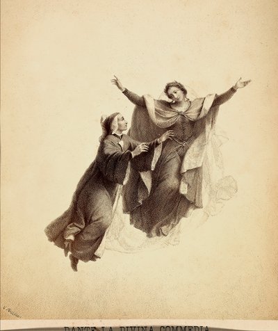 Dante, mit offenen Armen, von Beatrice durch das Firmament des Paradieses geführt. Illustration von Canto I in Paradiso der Göttlichen Komödie von Dante Alighieri. Werk von Francesco Scaramuzza, gewidmet der Gemeinde Florenz. von Unbekannter Künstler