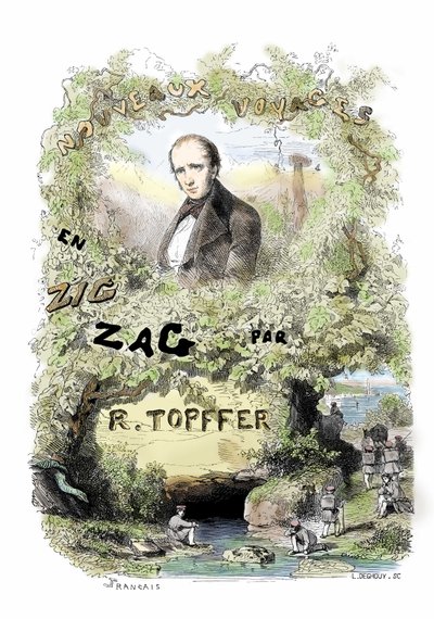 Anfänge des Comics: Frontispiz von „Nouveaux voyages en zig-zag“ von Rodolphe Topffer (1799-1846) von Unbekannter Künstler