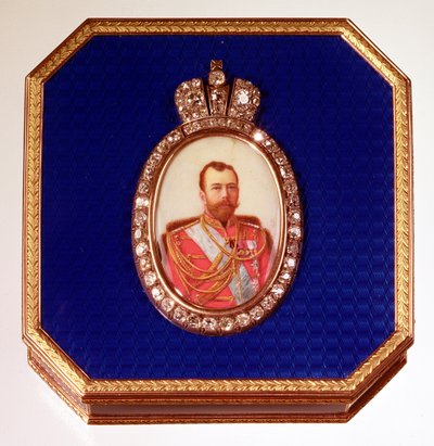 Fabergé-Blaue-Emaille-Box mit Porträt von Zar Nikolaus II. von Unbekannt