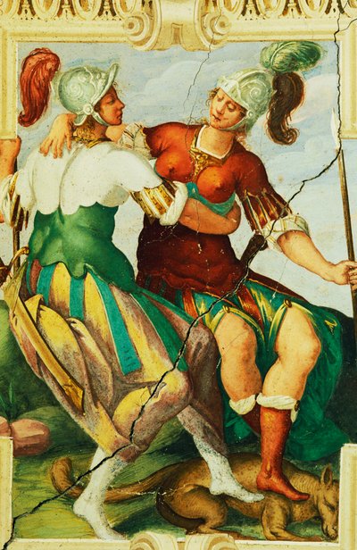 Frauenfiguren mit Helmen, (Detail) aus Fresko in Schloss Manta, Saluzzo, Piemont, Italien von Benjamin Baud