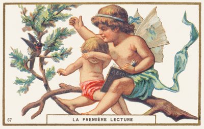 Erste Lesung, weißer Hintergrund. Werbechromolithografie, die zwei Kinder zeigt, die auf einem Ast sitzen. Das größte, mit Flügeln am Rücken (ein Engel?), hält ein Abecedarium in einer Hand offen; mit der anderen Hand will es einen Vogel verjagen, der das  von Unbekannter Künstler