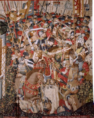 Flämischer Wandteppich. Serie Der Trojanische Krieg. Tod des Achilles. Achter Wandteppich der Serie. Modell Coëtivy Meister (Henry oder Conrard de Vulcop). Herstellung Tournai Werkstätten. Ca 1470. Stoff Wolle und Seide, 6/7 Kettfäden pro cm. Größe 482 x 9 von Unbekannt