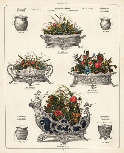 Blumenständer, Blumenschalen, Vasen und Jardinièren. Lithographie aus einem Katalog von Metallwaren der Württembergischen Metallwarenfabrik, Geislingen, Deutschland von Unbekannter Künstler
