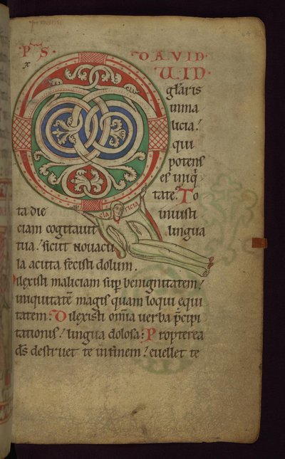 Folio 64 aus dem Claricia Psalter: Claricia schwingt sich auf Initiale Q, spätes 12. - frühes 13. Jahrhundert von Unbekannt
