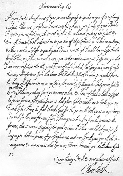 Freundlicher Brief von Karl I. an seinen Neffen, Prinz Maurice, geschrieben in Newtown, Powys, Wales, 20. September von Unbekannt