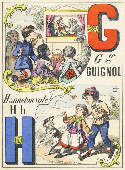 G H : Guignol, Hanneton fliegt! - Spiele-Alphabet, ca. 1890 (Illustration) von Unbekannt