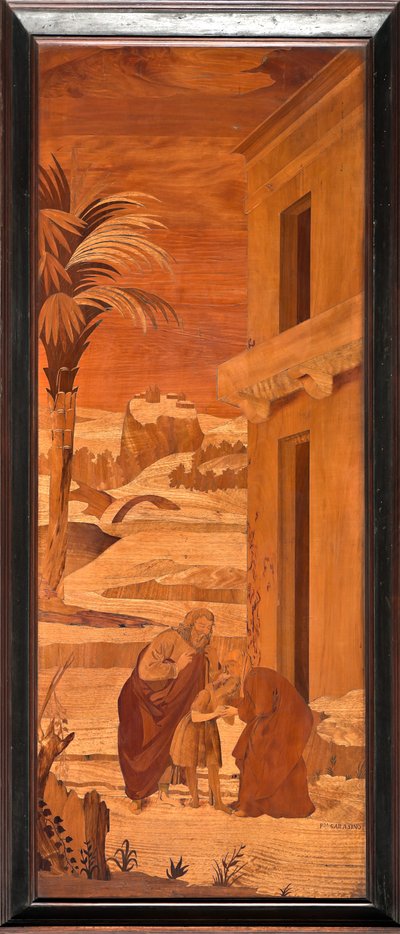 Genua, Duomo (St. Laurentius Kathedrale), innen, Apsis, Chor, Nordseite: "St. Johannes der Täufer verabschiedet sich von seiner Familie", Holzintarsie von Vincenzo und Tommaso Garassino (19. Jahrhundert) von Unbekannter Künstler