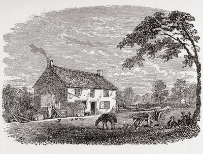 George Stephensons Geburtsort. Ein Steinhaus aus dem 18. Jahrhundert, Heimat von George Stephenson, Wylam, Northumberland, England, hier im 19. Jahrhundert zu sehen. Aus Great Engineers, veröffentlicht ca. 1890 von Unbekannter Künstler