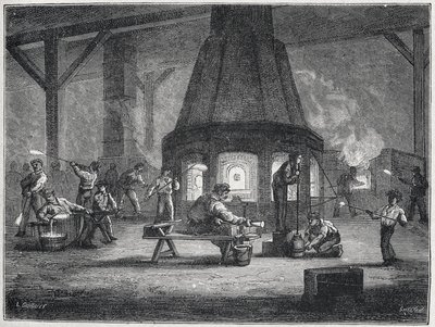 Glasherstellung in der zweiten Hälfte des 19. Jahrhunderts: Kinder bei der Arbeit, ca. 1880 (Gravur) von Unbekannter Künstler