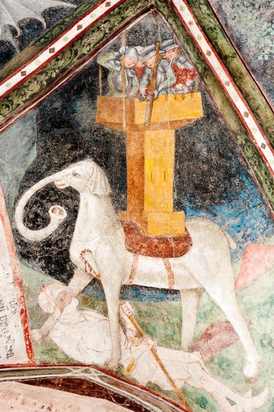 Gotisches Fresko; Eleazar Awaran tötet den Kriegselefanten Soliman und wird von ihm zerquetscht; 3. Kreuzgang; Kathedrale; Brixen; Südtirol; Italien; Europa von Unbekannt