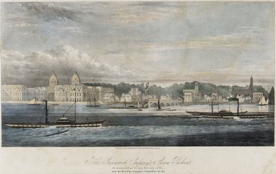 Dampfschiffe der Greenwich Transport Company (Greenwich, Royal Tar, Gipsy, Water Lily und Fly) vor den Gebäuden des Piers von Greenwich (England) von Unbekannter Künstler