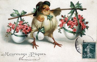 Grußkarte zu Ostern: Ein Küken trägt Eier, gefüllt mit Rosen - Postkarte von 1908. von Unbekannt