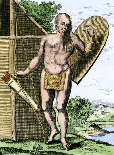 Geschichte der indigenen Völker: Ein Indianer aus Kanada mit einem Schild, einem Bogen und Pfeilen in einem Köcher von Unbekannter Künstler