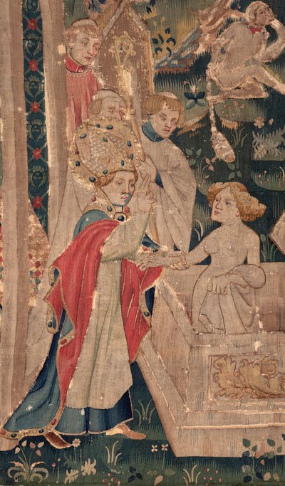 Geschichte von Saint Piat und Saint Eleuthère, auch Tapisserie von Arras genannt. Bestellt von Kanonikus Toussaint Prier, Kaplan des Herzogs von Burgund, Ende des 14. bis Anfang des 15. Jahrhunderts. 22m x 2m. Detail (Tapisserie) von Unbekannter Künstler