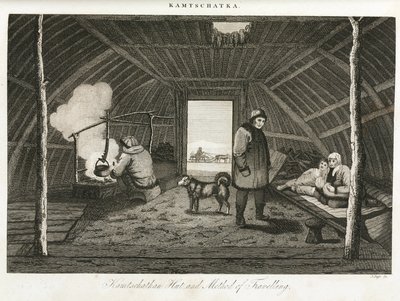 Hütte von Kamtschatka (Halbinsel im äußersten Osten Russlands) und Transportschlitten, um 1810 von Unbekannt