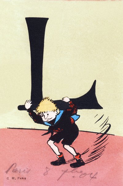 L wie lourd - Kinderalphabet. C. M. Verleger, Paris. Handbemalte Postkarten, abgestempelt 1904 von Unbekannt