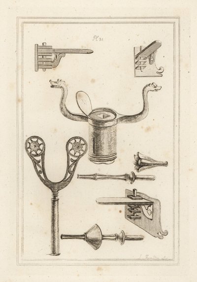 Lanzenstütze 1,2,3, Musketenstütze 4,5, Koronel oder Krone von einer Turnierlanze 6, Stab oder Griff einer Turnierlanze mit Handprotektor 7, und Turnierlanze ohne Handprotektor 8 von Unbekannt