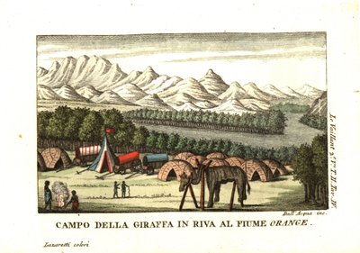 Le Vaillants Lager am Ufer des Oranje-Flusses im Richtersveld. Eine Giraffenhaut wird auf einem Rahmen präpariert. Von Francois Le Vaillant von Unbekannter Künstler