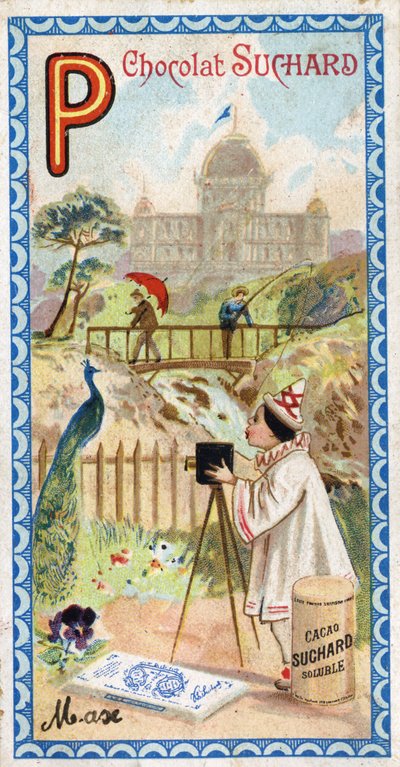Buchstabe P: Palast, Pavillon, Regenschirm, Fotograf, Brücke, Angeln, Pfau, Gedanke. Gravur des Alphabets herausgegeben von Chocolat Suchard, Anfang des 20. Jahrhunderts. 24 Chromolithografien. von Unbekannt