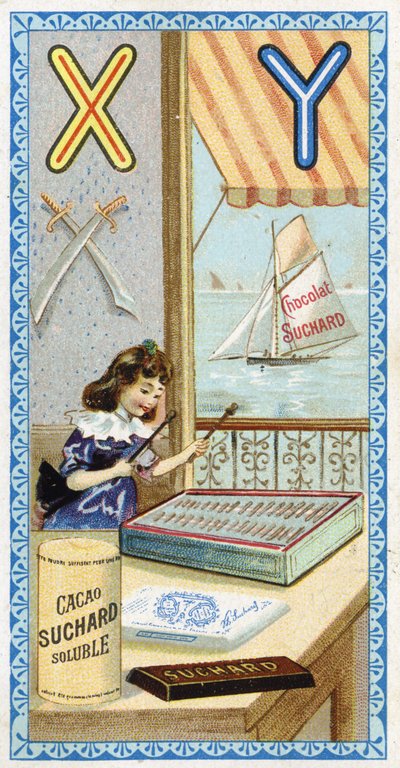 Buchstabe X: Xylophonist und Y: Yatagan, Yacht. Gravur des Alphabets herausgegeben von Chocolat Suchard, Anfang des 20. Jahrhunderts. 24 Chromolithografien. von Unbekannt